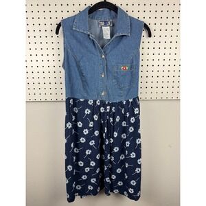 Vtg 90s Butter Mom Cottagecore Denim Floral Tie Back Midi Dress M